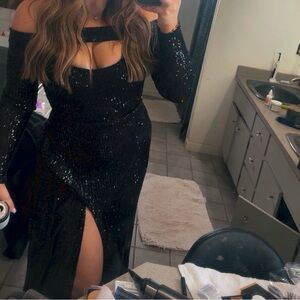 Trendy boutique Black Sequin Off-Shoulder Maxi Dress with Front Slit